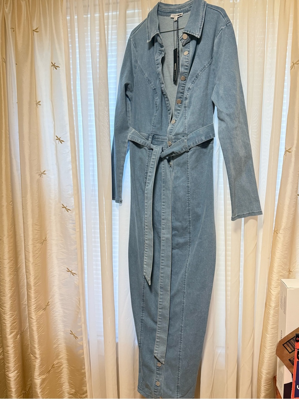 Light Blue Denim Maxi Trench Dress with Belt